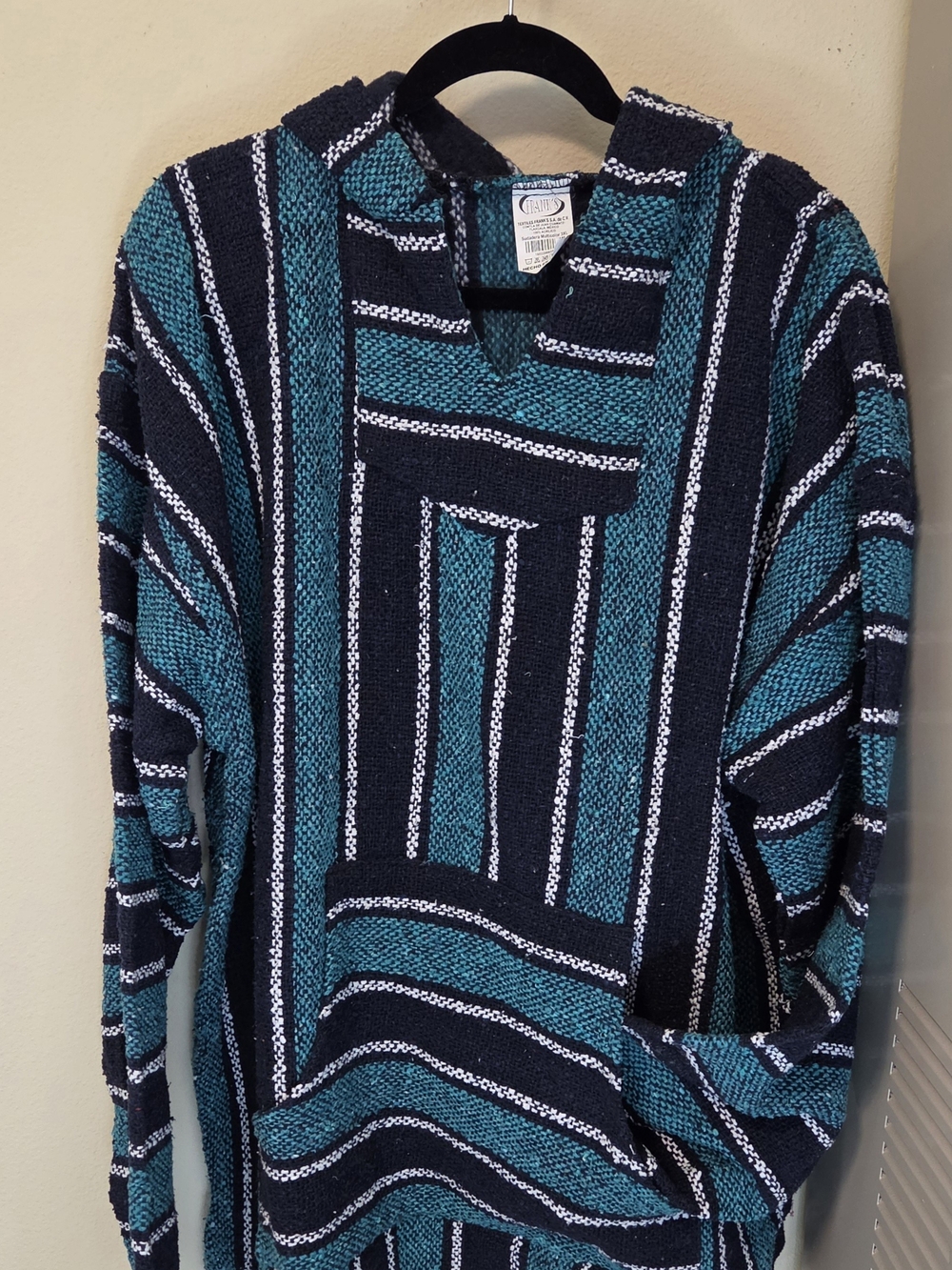3XL Striped Cowl Hoodie Sweater in Teal and Black